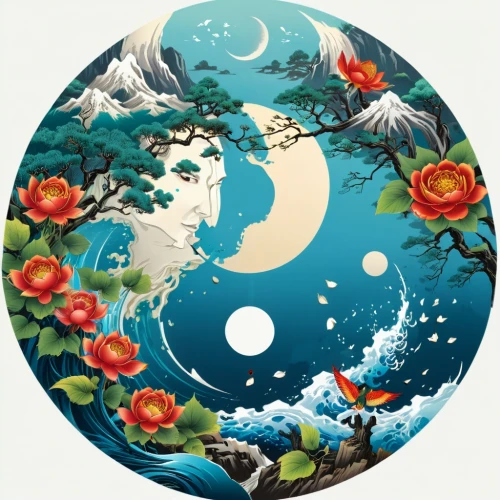 yinyang,mid-autumn festival,wolong,oriental painting,taoism,dharma wheel,taoist,moon phase,yin yang,pangu,mother earth,wudang,rongfeng,water lily plate,wufeng,moondragon,blue moon rose,taijiquan,little planet,yin and yang,Unique,Design,Sticker