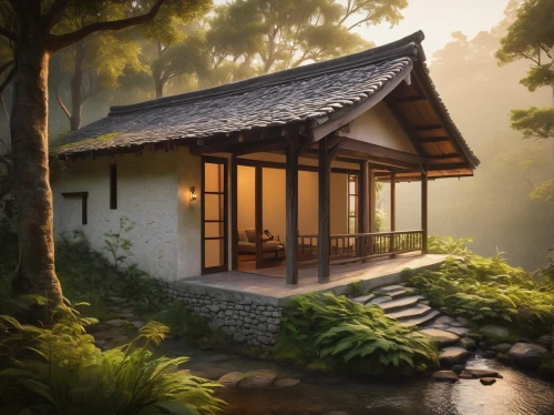 japanese-style room,teahouse,asian architecture,house in the forest,small cabin,wooden house,ryokan,small house,wooden hut,forest house,summer cottage,miniature house,beautiful home,seclude,home landscape,traditional house,seclusion,dojo,little house,golden pavilion,Conceptual Art,Fantasy,Fantasy 18
