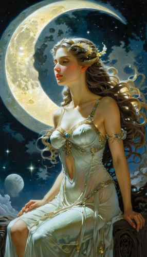 diwata,queen of the night,selene,ozma,the sleeping rose,zodiac sign libra,venus,baoshun,moonbeams,la nascita di venere,ostara,herfstanemoon,lunar,moonlit night,fantasy woman,andromeda,moonbeam,diana,moonlit,fantasy picture,Illustration,Realistic Fantasy,Realistic Fantasy 03