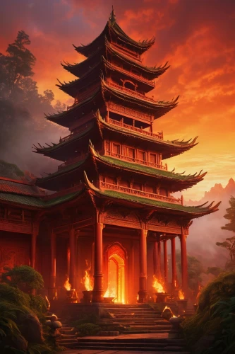 tianxia,hall of supreme harmony,asian architecture,buddhist temple,jinchuan,fantasy landscape,fire background,taoist,dalixia,rongfeng,the golden pavilion,landscape background,hanging temple,shizhong,dojo,huanghua,wudang,wulin,oriental,dusk background,Illustration,Abstract Fantasy,Abstract Fantasy 04