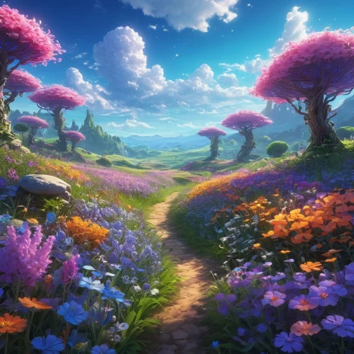 blooming field,flower field,purple landscape,flower garden,fairy world,field of flowers,fairyland,fantasy landscape,flowers field,sea of flowers,landscape background,flower meadow,mushroom landscape,full hd wallpaper,fairy forest,splendor of flowers,flowering meadow,flowerful desert,cartoon video game background,flower background,Illustration,Realistic Fantasy,Realistic Fantasy 03