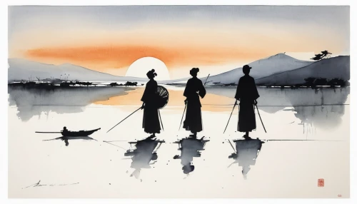 women silhouettes,tusche indian ink,fishermens,watercolourist,vintage couple silhouette,fishermen,inle,sewing silhouettes,watercolorist,silhouette art,ukiyoe,baishi,silhouettes,indian art,japanese art,fisherfolk,couple silhouette,rainbow jazz silhouettes,flyfishers,people fishing,Art,Artistic Painting,Artistic Painting 24