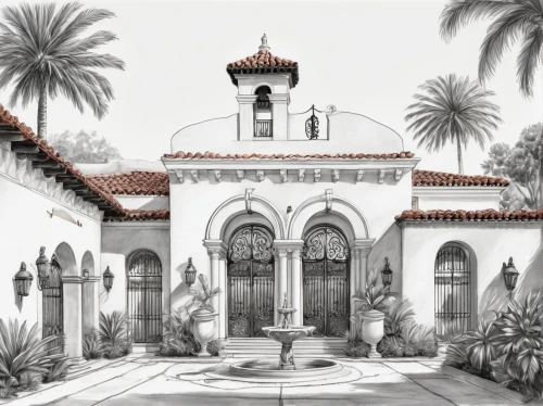 santa barbara,wolfsonian,synagogues,caltech,rosicrucian,the church of the mercede,facade painting,western architecture,mizner,cloistered,mcnay,church painting,collegiate basilica,livadia,altadena,mosques,archiepiscopate,montecito,narthex,silliman,Illustration,Black and White,Black and White 30