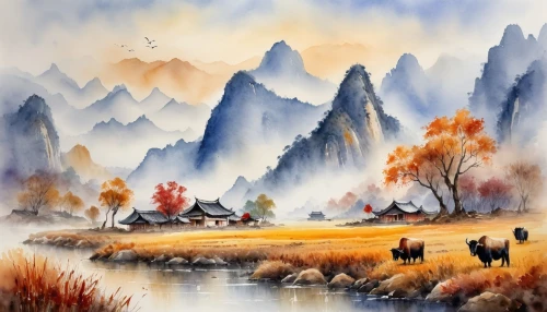 autumn landscape,lijiang,huashan,haiping,autumn mountains,landscape background,haicang,yunnan,mountain scene,mountain landscape,mountainous landscape,jianfeng,yiping,zhaoying,fall landscape,chayng,xianning,watercolor background,huangshan,rural landscape,Illustration,Paper based,Paper Based 24