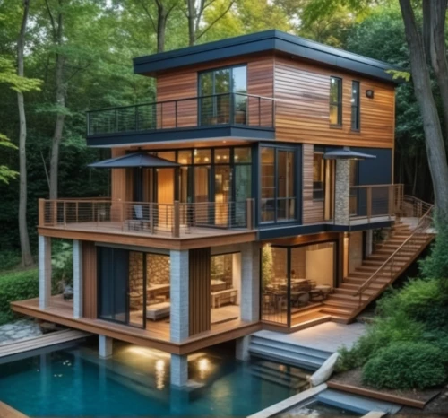 pool house,modern house,forest house,house by the water,wooden house,summer house,dreamhouse,treehouse,beautiful home,house with lake,modern architecture,house in the forest,wooden decking,deckhouse,timber house,tree house,wood deck,luxury property,two story house,inverted cottage