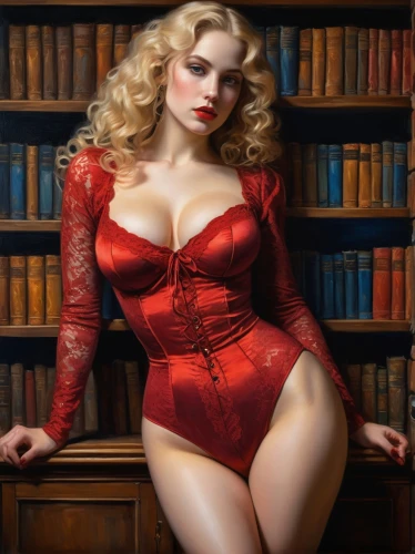 lady in red,valentine pin up,valentine day's pin up,librarian,redstockings,man in red dress,bibliophile,corsetry,vanderhorst,pin ups,retro pin up girl,burlesques,pin-up girl,silk red,corseted,pin up girl,retro pin up girls,christmas pin up girl,dita,red,Art,Classical Oil Painting,Classical Oil Painting 20