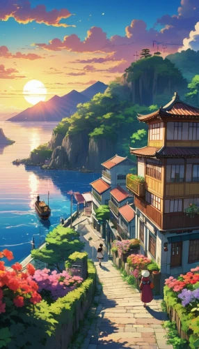 japan landscape,beautiful japan,butka,japanese sakura background,sakura background,ghibli,machico,asanosho,landscape background,kazoku,beauty scene,japanese background,bakumatsu,isshiki,yoshikuni,studio ghibli,rikkyo,teahouse,nakama,full hd wallpaper,Illustration,Japanese style,Japanese Style 03