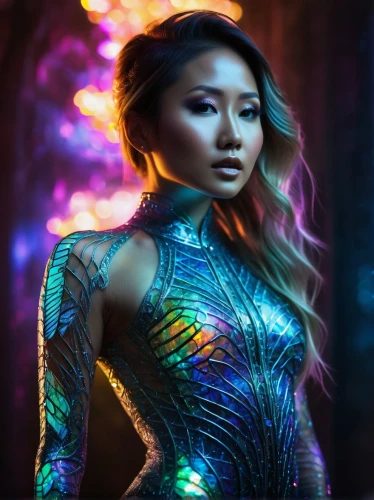 neon body painting,disco,hologram,zhu,aura,prismatic,yuhua,rainbow background,iridescent,dichroic,luminous,colored lights,colorful light,holographic,bodypaint,cyberstar,holography,prism,electropop,holograms,Photography,General,Fantasy