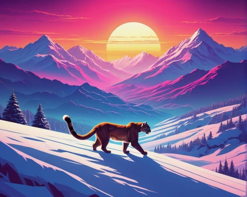 mountain sunrise,alpine sunset,mountain lion,tigerstar,winter animals,catamount,mountain scene,snow landscape,wolpaw,snowcats,snowy mountains,snowy landscape,siberian cat,snow mountain,snowy peaks,felidae,starclan,mammoth,landscape background,mountain world,Conceptual Art,Sci-Fi,Sci-Fi 12