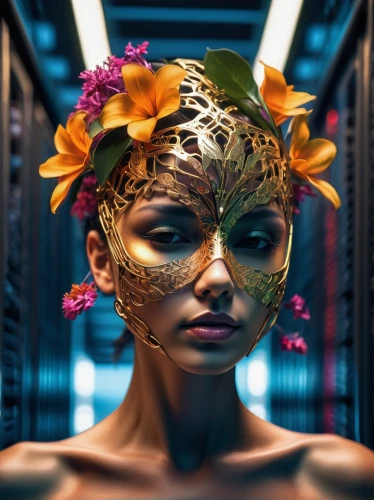 gold mask,masquerade,golden mask,girl in a wreath,golden crown,gold flower,golden wreath,golden flowers,gold crown,diwata,mascarade,flowerhead,girl in flowers,synthetic,headpiece,cyberia,mirrormask,flora,baoshun,oshun,Photography,Artistic Photography,Artistic Photography 08