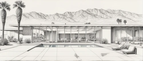palm springs,neutra,penciling,sketchup,renderings,amanresorts,pool house,penthouses,resort,mansions,beverly hills hotel,mid century modern,dunes house,dreamhouse,midcentury,lounges,pencilling,beach house,pool bar,humphreville,Illustration,Black and White,Black and White 30