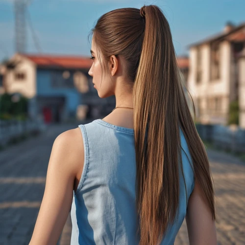 girl walking away,girl in a long dress from the back,girl from behind,pony tail,ponytail,scoliosis,ponytailed,shoulder length,girl in t-shirt,ponytails,pony tails,rattail,girl from the back,hair ribbon,girl in a long,sternocleidomastoid,female model,sarikaya,half profile,woman walking,Photography,General,Realistic