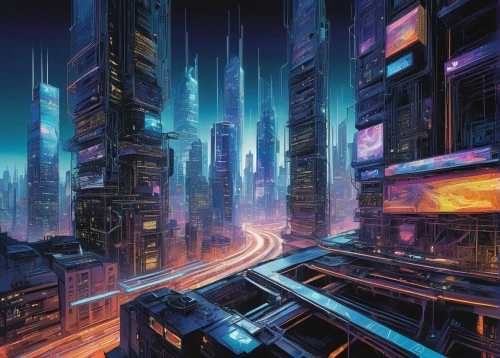 cybercity,cybertown,futuristic landscape,neuromancer,cyberpunk,cityscape,cyberport,metropolis,cyberworld,polara,cyberia,jablonsky,digitalism,cyberscene,cybertron,futuristic,microdistrict,sci fiction illustration,futurist,shadowrun,Conceptual Art,Oil color,Oil Color 04