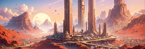 futuristic landscape,citadels,fantasy landscape,ancient city,spires,gallifrey,fantasy city,tirith,ordos,skylands,barsoom,coruscant,alien world,areopolis,arcology,homeworld,macroscale,skyreach,ringworld,megastructures,Anime,Anime,Traditional