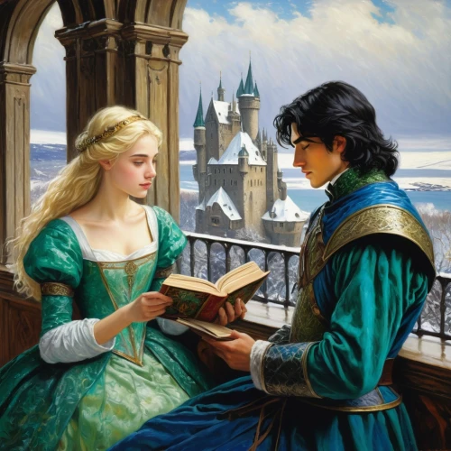 a fairy tale,fairy tale,fairytales,storybook,young couple,prydain,lectura,fantasy picture,dragonlance,seregil,romantic scene,hildebrandt,bookworms,horrobin,reading,fairytale characters,ermione,eilonwy,courtship,fairy tale character,Art,Artistic Painting,Artistic Painting 04