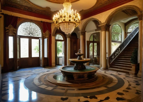 foyer,entrance hall,cochere,lobby,greystone,villa balbianello,philbrook,casa fuster hotel,entryway,floor fountain,entranceway,chateau margaux,villa cortine palace,mcnay,hallway,chateauesque,royal interior,driehaus,palatial,opulently,Illustration,Retro,Retro 23