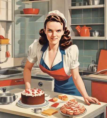 girl in the kitchen,woman holding pie,domestica,domesticity,vintage kitchen,retro 1950's clip art,retro women,retro woman,housewife,oetker,wesselmann,50's style,vintage illustration,kitchenaid,homemaker,vintage 1950s,sugarbaker,confectioner,fifties,stovetop,Digital Art,Poster