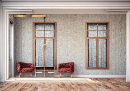 patterned wood decoration,wainscoting,wallcovering,wooden windows,hinged doors,wallcoverings,window blinds,window frames,paneling,architrave,panelled,hallway space,contemporary decor,lattice windows,crittall,architraves,wooden shutters,3d rendering,window curtain,plantation shutters