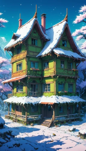 winter house,snow roof,house in the mountains,house in mountains,snow house,winter village,snowhotel,dreamhouse,wooden house,snow scene,alpine village,house in the forest,santa's village,studio ghibli,lonely house,ghibli,butka,wooden houses,winter background,snow landscape,Illustration,Japanese style,Japanese Style 03