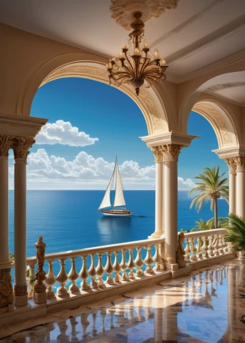 windows wallpaper,window with sea view,staterooms,oceanview,ocean view,boat landscape,sea fantasy,the mediterranean sea,seaside view,luxury property,sea landscape,miramare,sea view,rosecliff,seaview,balcony,sailing boat,penthouses,mediterranean,balustrade,Illustration,Realistic Fantasy,Realistic Fantasy 18