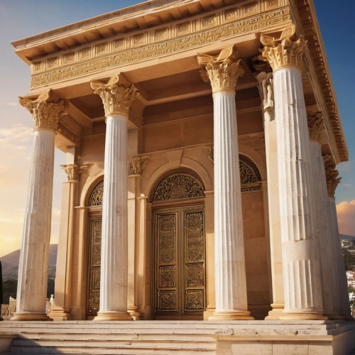 greek temple,palladian,doric columns,zappeion,celsus library,columns,palladio,neoclassical,portico,house with caryatids,roman temple,marble palace,erechtheion,temple of diana,pillars,capitolium,leptis,egyptian temple,baalbek,petra,Illustration,Abstract Fantasy,Abstract Fantasy 11