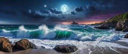 fantasy picture,bioluminescent,ocean background,bioluminescence,fantasy landscape,god of the sea,moon and star background,sea night,seascape,photo manipulation,photomanipulation,ocean paradise,starwave,dreamscapes,mermaid background,fantasy art,fathom,space art,grunion,lightships,Photography,General,Realistic