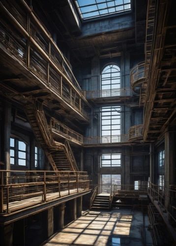 lofts,empty factory,manufactory,cosmodrome,dishonored,industrial ruin,industrial hall,hashima,abandoned factory,atriums,dockyard,crossbeams,warehouse,panopticon,carreau,empty interior,warehouses,dockage,arcology,industrielles,Illustration,Realistic Fantasy,Realistic Fantasy 33