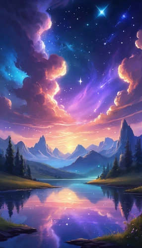 fantasy landscape,landscape background,moon and star background,colorful stars,purple landscape,beautiful wallpaper,star sky,fantasy picture,night sky,unicorn background,dusk background,nature background,windows wallpaper,starclan,rainbow and stars,starry sky,sky,cielo,youtube background,the night sky,Illustration,Realistic Fantasy,Realistic Fantasy 01