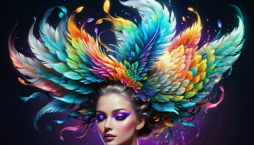 fairy peacock,color feathers,feather headdress,peacock,plumes,fantasy art,headdress,fantasy portrait,feathers,fenix,plumas,featherlike,neon body painting,feathers bird,faery,colorful background,world digital painting,digital art,digital artwork,boho art,Illustration,Realistic Fantasy,Realistic Fantasy 39