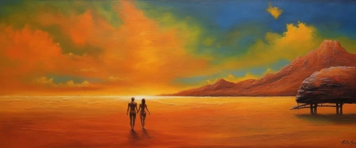 loving couple sunrise,oil painting on canvas,uluru,oil painting,orange sky,desert landscape,dead vlei,krakatoa,danxia,oil on canvas,indigenous painting,dune landscape,flaming mountains,barren,senja,volcanic landscape,visitation,romantic scene,desert desert landscape,lake of fire,Illustration,Realistic Fantasy,Realistic Fantasy 32