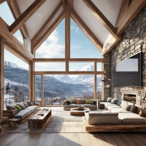 alpine style,house in the mountains,chalet,the cabin in the mountains,house in mountains,wooden beams,verbier,winter house,loft,mountain hut,modern living room,snow roof,beautiful home,fire place,mountain huts,luxury home interior,living room,snow house,coziness,livingroom,Illustration,Realistic Fantasy,Realistic Fantasy 42