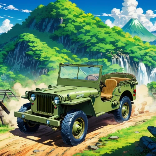 willys jeep,jeep,willys jeep mb,overland,safari,landrover,landcruiser,cartoon video game background,jeeps,yellow jeep,land rover,wrangler,landy,cuba background,willys,uaz,military jeep,jeep gladiator rubicon,jeep rubicon,lrdg,Illustration,Japanese style,Japanese Style 03