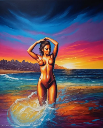 oil painting on canvas,oil on canvas,oil painting,african american woman,bather,african woman,art painting,black woman,oshun,neon body painting,polynesian girl,broncefigur,amphitrite,girl on the dune,naiad,african art,indigenous painting,sirene,nereid,wahine,Illustration,Realistic Fantasy,Realistic Fantasy 25