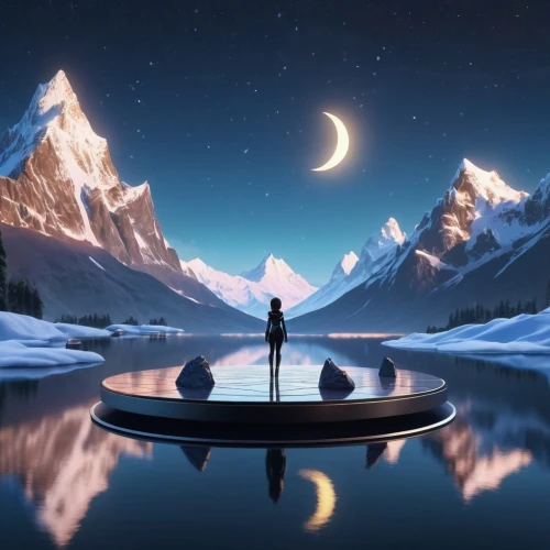 moon and star background,fantasy picture,moonlit night,landscape background,dreamfall,world digital painting,reflectional,the spirit of the mountains,reflects,music background,moonlight,reflect,creative background,musical background,reflection,moonlit,dreamscapes,dream world,moonwalked,circumboreal,Unique,3D,3D Character
