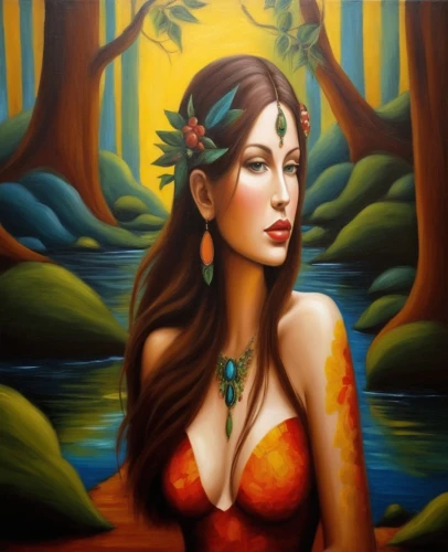 amazonian,polynesian girl,diwata,naiad,inara,pocahontas,indigenous painting,water nymph,oshun,tretchikoff,amazonas,sirena,girl on the river,bodypainting,dryad,fantasy art,nereid,amazonica,fantasy portrait,amphitrite,Illustration,Abstract Fantasy,Abstract Fantasy 12