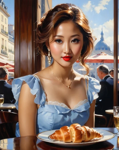 woman at cafe,waitress,paris cafe,woman holding pie,parisienne,asian woman,francophile,mademoiselle,woman with ice-cream,mongolian girl,asiatique,girl with bread-and-butter,french valentine,japanese woman,vietnamese woman,bistrot,photorealist,french cuisine,brasserie,fine dining restaurant,Photography,General,Realistic