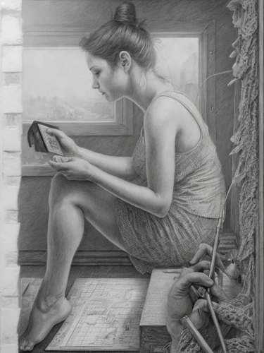 girl at the computer,girl studying,woman holding a smartphone,heatherley,girl drawing,woman playing,girl sitting,woman sitting,girl with bread-and-butter,girl with a wheel,charcoal drawing,woman holding pie,chalk drawing,girl with cloth,graphite,pencil drawings,holding a frame,reading magnifying glass,donsky,ereader,Art sketch,Art sketch,Ultra Realistic