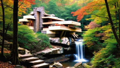 fallingwater,kumano kodo,water mill,koyasan,asian architecture,house in the forest,japan landscape,house in mountains,autumn in japan,beautiful japan,forest house,ryokan,nikko,rivendell,kinkakuji,japan garden,house in the mountains,hydropower plant,teikoku,tulou,Illustration,Retro,Retro 10