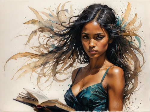 authoress,sci fiction illustration,bibliophile,women's novels,fantasy art,donsky,book illustration,fantasy portrait,world digital painting,literatures,african american woman,mystical portrait of a girl,bookish,bookworm,womanist,amerie,art painting,poetess,girl studying,promethea,Illustration,Paper based,Paper Based 13