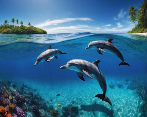 oceanic dolphins,dolphins in water,bottlenose dolphins,dolphin background,dolphins,dolphin swimming,underwater landscape,dolphin coast,wyland,two dolphins,bottlenose dolphin,porpoises,underwater world,underwater background,tropical sea,sea life underwater,dauphins,sea animals,ocean paradise,dolphin,Conceptual Art,Fantasy,Fantasy 03