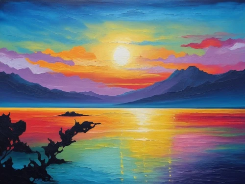 sea landscape,seascape,art painting,oil painting on canvas,incredible sunset over the lake,senja,landscape background,painting technique,oil painting,coastal landscape,coast sunset,evening lake,mountain sunrise,dreamscape,oil on canvas,beach landscape,indigenous painting,colorful background,acrylic paint,landscape with sea,Illustration,Realistic Fantasy,Realistic Fantasy 25