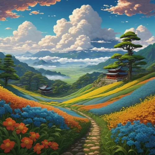 landscape background,mushroom landscape,meadow landscape,mountain landscape,fantasy landscape,nature landscape,forest landscape,mountain scene,mountainous landscape,beautiful landscape,blooming field,high landscape,flower field,landscape nature,cartoon video game background,rural landscape,nature background,mountain meadow,paisaje,salt meadow landscape,Illustration,Realistic Fantasy,Realistic Fantasy 03