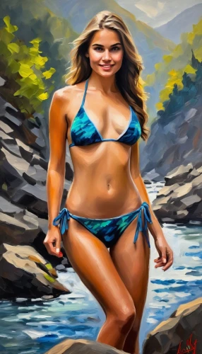 the blonde in the river,girl on the river,world digital painting,photo painting,natalya,oil painting,menounos,art painting,iaquinta,tessmacher,cave girl,rousey,oil painting on canvas,fantasy art,landscape background,bodypainting,body painting,airbrush,cavewoman,digital painting,Conceptual Art,Oil color,Oil Color 22