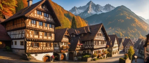 half-timbered houses,alpine village,half-timbered house,escher village,bernese highlands,timbered,bavarian swabia,medieval town,suiza,appenzell,half-timbered wall,southeast switzerland,half timbered,eastern switzerland,thun,schweiz,mountain village,switzerlands,engelberg,knight village,Illustration,Abstract Fantasy,Abstract Fantasy 03