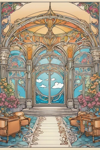 art nouveau frames,watercolor cafe,ballroom,art nouveau frame,tearoom,ornate room,sunroom,conservatory,stained glass windows,cochere,beach restaurant,stained glass pattern,breakfast room,sea fantasy,oceanair,ristorante,arcona,frame border illustration,watercolor tea shop,teahouse,Illustration,Retro,Retro 13