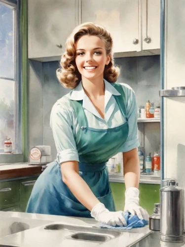 washing dishes,cleaning woman,domesticity,housework,girl in the kitchen,wash the dishes,stovetop,homemaking,dishwashing,ann margaret,washerwoman,housewife,housemaid,vintage kitchen,domestica,kitchen towel,chores,woman holding pie,frigidaire,maytag,Digital Art,Watercolor