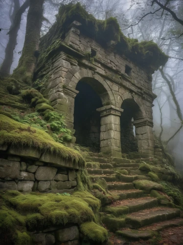ancient ruins,castle ruins,mausoleum ruins,forest chapel,witch's house,ghost castle,ruins,abandoned place,ancient house,ruin,ruined castle,abandoned places,scottish folly,moss landscape,hall of the fallen,haunted castle,galician castle,ancient buildings,the ruins of the,fairy chimney,Illustration,Realistic Fantasy,Realistic Fantasy 02