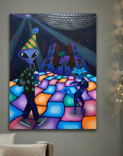 zooropa,modern decor,dmt,digiart,dancing couple,dance with canvases,abstract cartoon art,ufo interior,interior decor,alebrije,varekai,dichroic,disco,martians,kokopelli,slide canvas,extraterrestrials,interdimensional,psychonauts,kids room