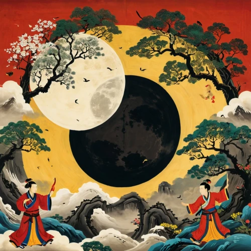 chuseok,oriental painting,cool woodblock images,taoism,hiroshige,japanese art,shunju,ugetsu,ukiyoe,imagawa,taoist,daoism,moondragon,daimyos,mid-autumn festival,utagawa,nembutsu,taoists,ukiyo,sun and moon,Unique,3D,Toy