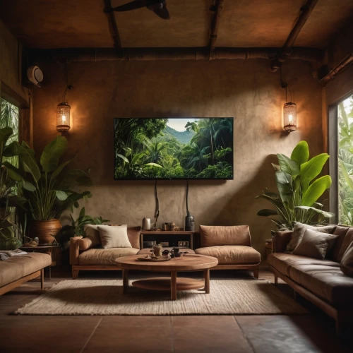 living room,cabana,livingroom,tropical house,living room modern tv,sitting room,home interior,tropical jungle,tv set,cabanas,hdtv,seclude,home landscape,beautiful home,jungle,plasma tv,bungalow,family room,fireplace,rain forest,Photography,General,Cinematic